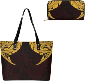Women'S Leather Handbag Purse Combination Casual Large Capacity Shoulder Bag Polynesian Tribal Design Pattern