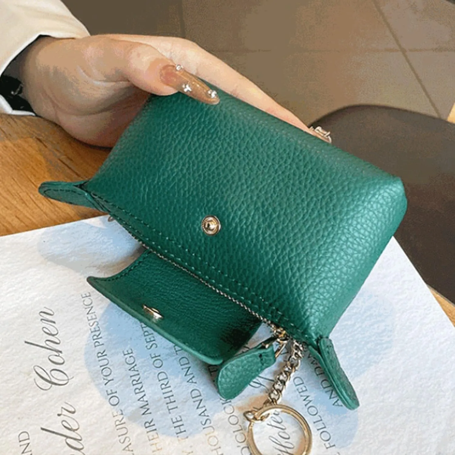Women's Leather Mini Coin Purse with Keychain, Zipper Wallet, Coin Purse for Women