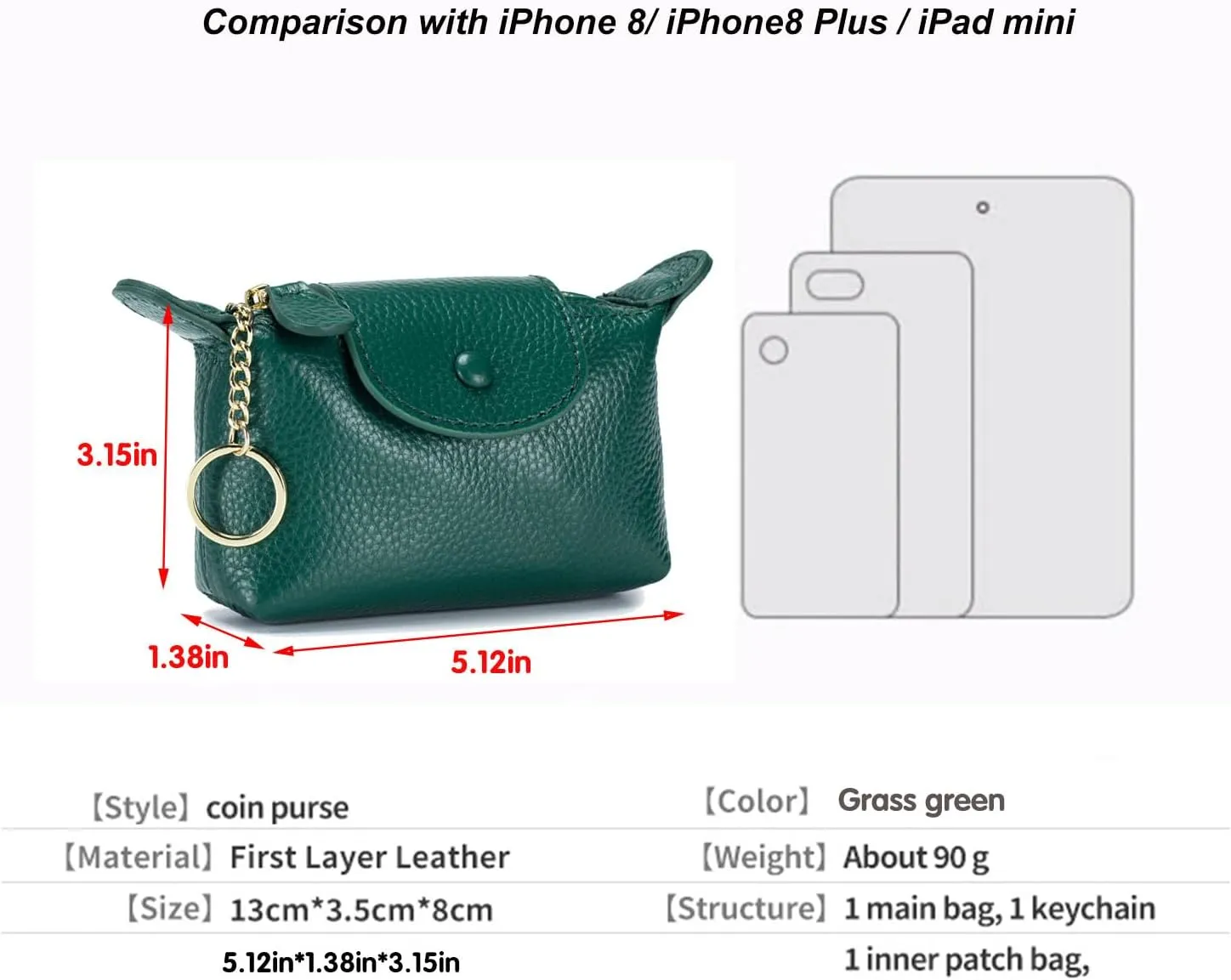 Women's Leather Mini Coin Purse with Keychain, Zipper Wallet, Coin Purse for Women