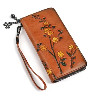 Women's Leather Zipper Wallet Vintage Style Women's Flower Purse