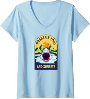 Womens Mountain Tops and Sunsets Cool Funny Shark Design Humor Love V-Neck T-Shirt