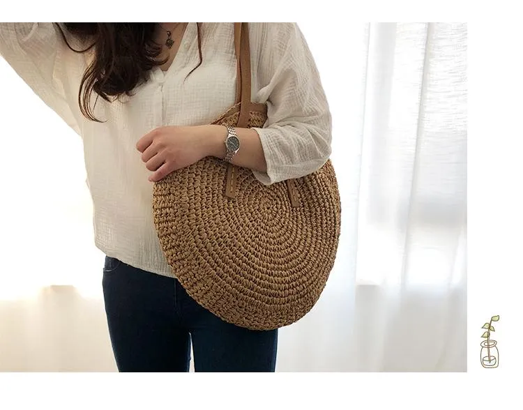 Women's Round Straw Shoulder Bag Handbag Tote Bag