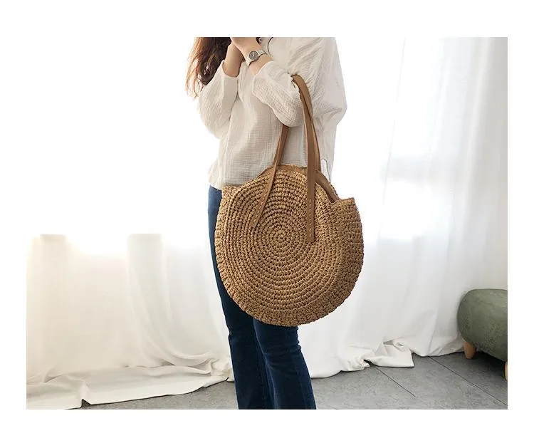 Women's Round Straw Shoulder Bag Handbag Tote Bag