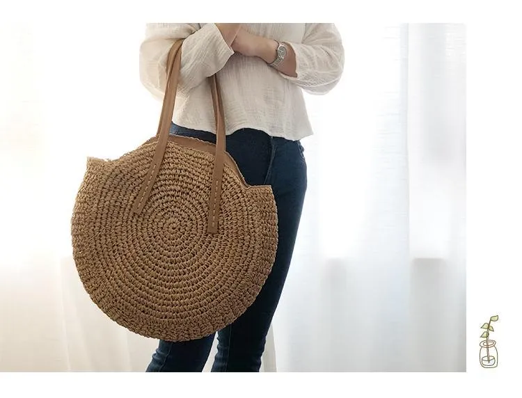 Women's Round Straw Shoulder Bag Handbag Tote Bag