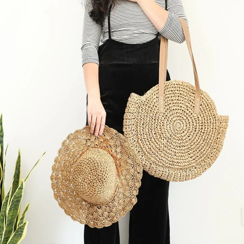 Women's Round Straw Shoulder Bag Handbag Tote Bag