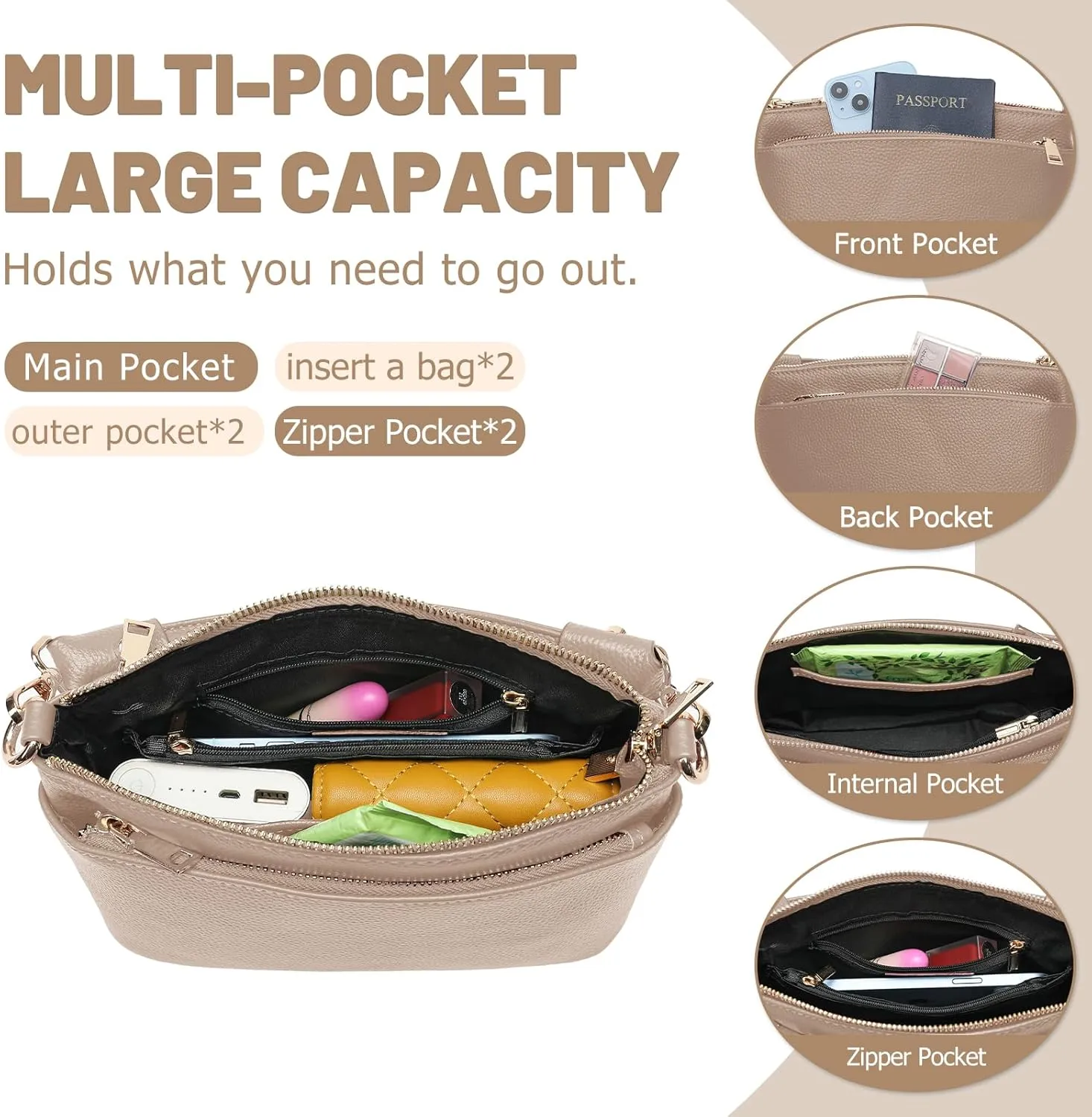 Women's Small Crossbody Bags Lady Cow Leather Shoulder Handbag Purse with 3 Shoulder Straps