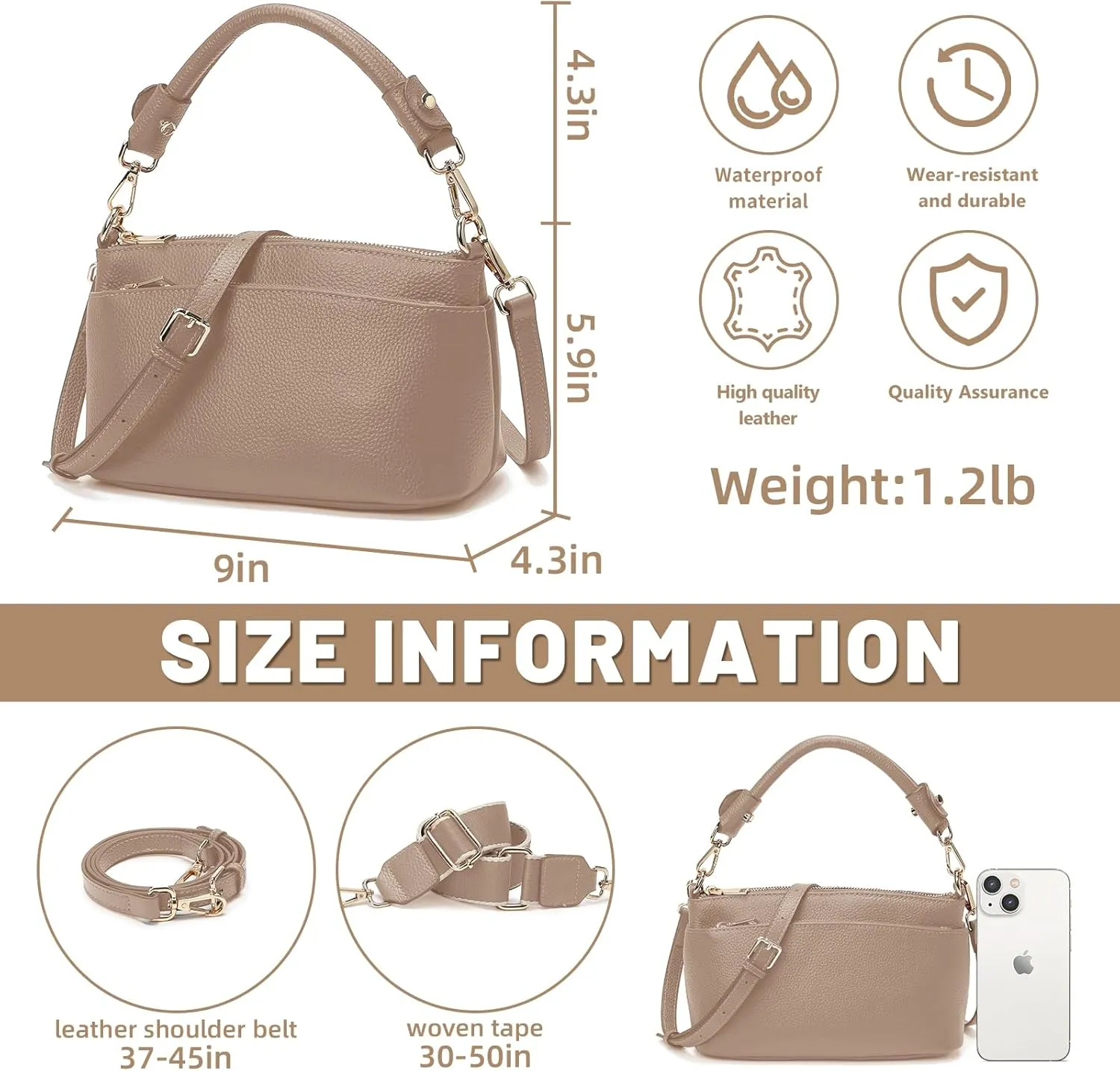 Women's Small Crossbody Bags Lady Cow Leather Shoulder Handbag Purse with 3 Shoulder Straps
