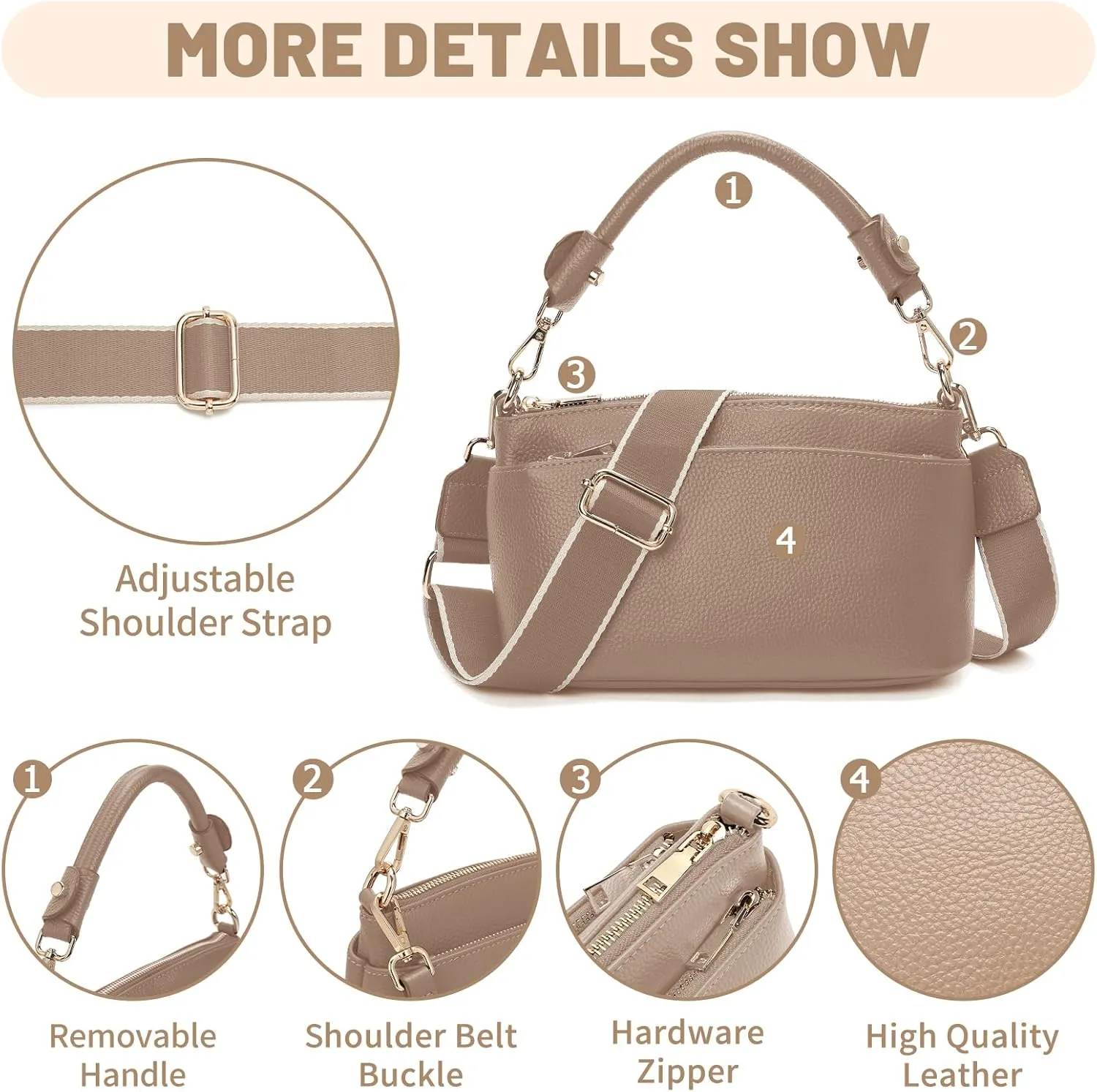 Women's Small Crossbody Bags Lady Cow Leather Shoulder Handbag Purse with 3 Shoulder Straps