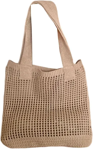 Women's Summer Knitted Shoulder Bag Hollow Out Tote Handbag, Breathable Mesh Beach Bag with Simple Woven Design (Apricot)