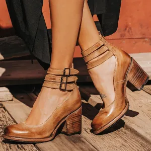 Women's Vintage Closed Round Toe Pumps Chunky Heel Ankle Strap Pumps Block Heel Mary Jane Shoes with Adjustable Buckles Wedding Party Dress Shoes，6，Brown