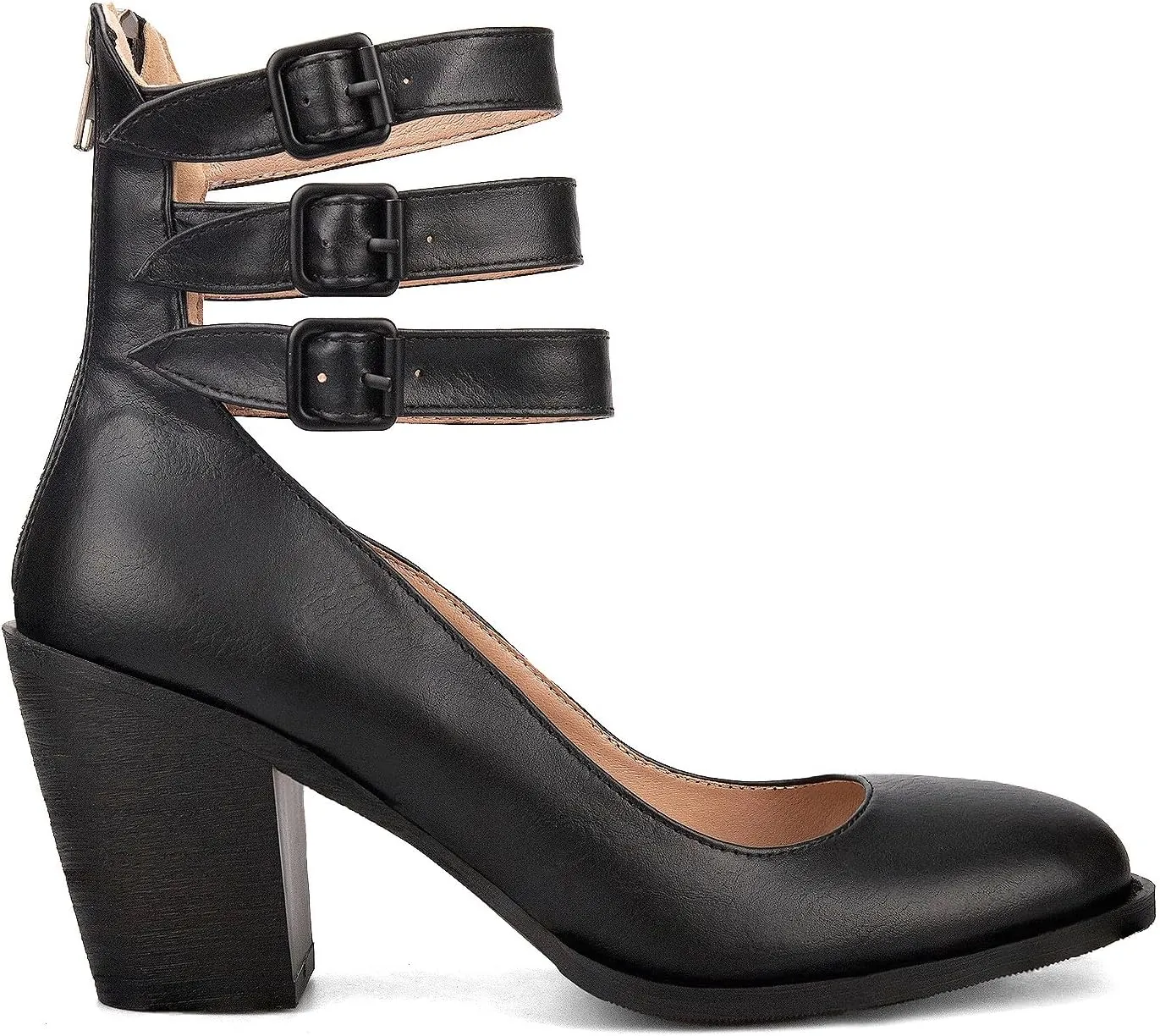 Women's Vintage Closed Round Toe Pumps Chunky Heel Ankle Strap Pumps Block Heel Mary Jane Shoes with Adjustable Buckles Wedding Party Dress Shoes，8，Black