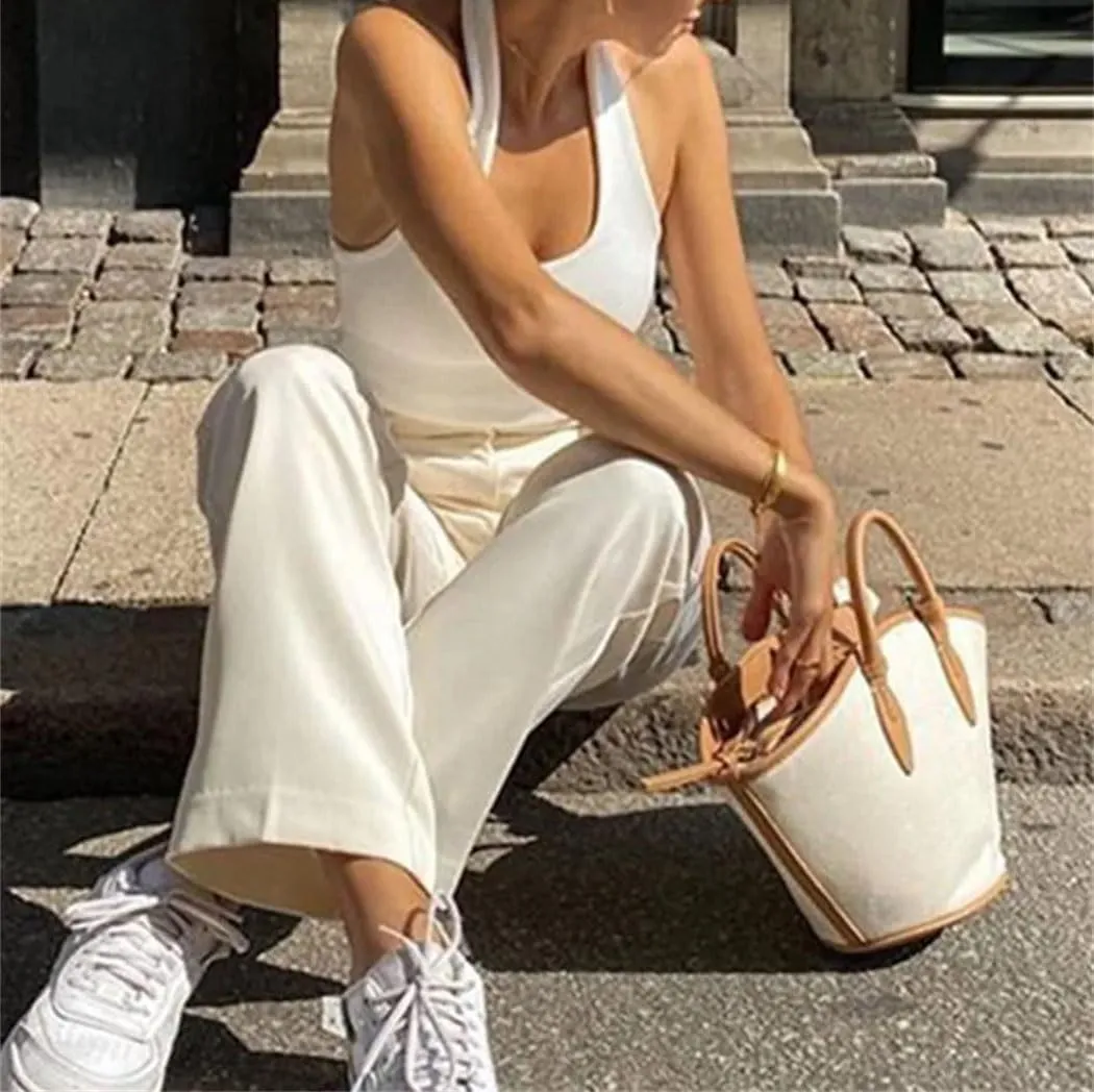 Women's White Halter Backless Ribbed Knit Cropped Vest Sleeveless Streetwear Summer Casual