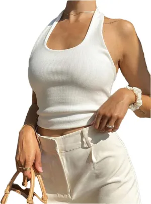Women's White Halter Backless Ribbed Knit Cropped Vest Sleeveless Streetwear Summer Casual