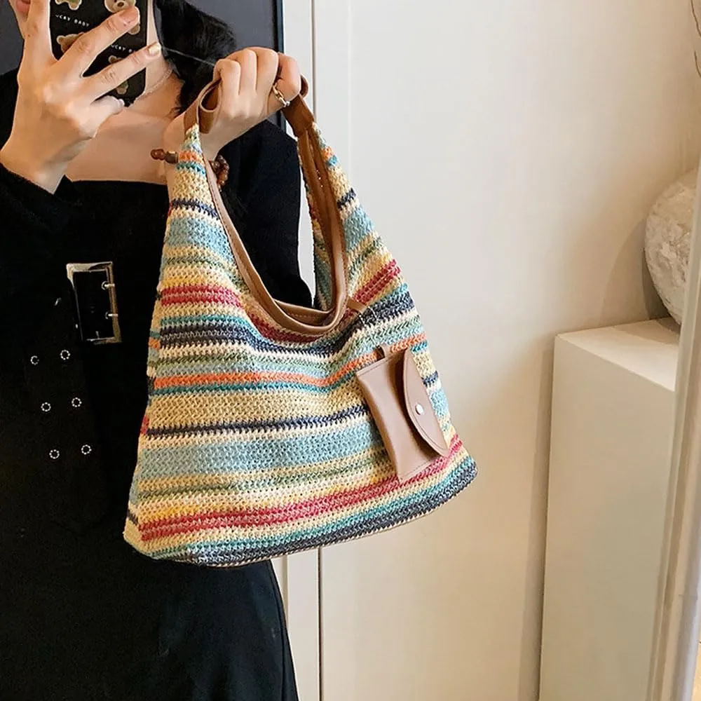 Women's Woven Beach Shoulder Handbag Colorful Straw Tote Bag Summer Vacation Crossbody Bag