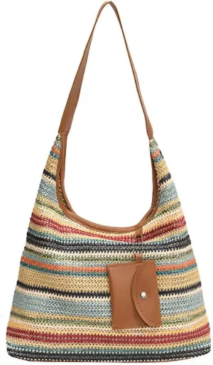 Women's Woven Beach Shoulder Handbag Colorful Straw Tote Bag Summer Vacation Crossbody Bag