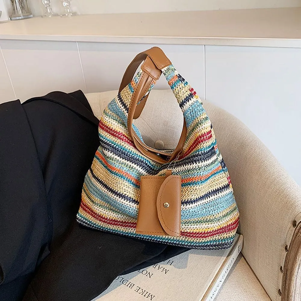 Women's Woven Beach Shoulder Handbag Colorful Straw Tote Bag Summer Vacation Crossbody Bag