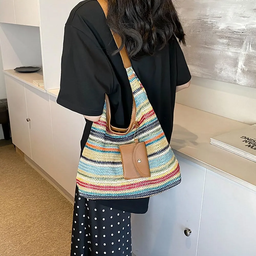 Women's Woven Beach Shoulder Handbag Colorful Straw Tote Bag Summer Vacation Crossbody Bag