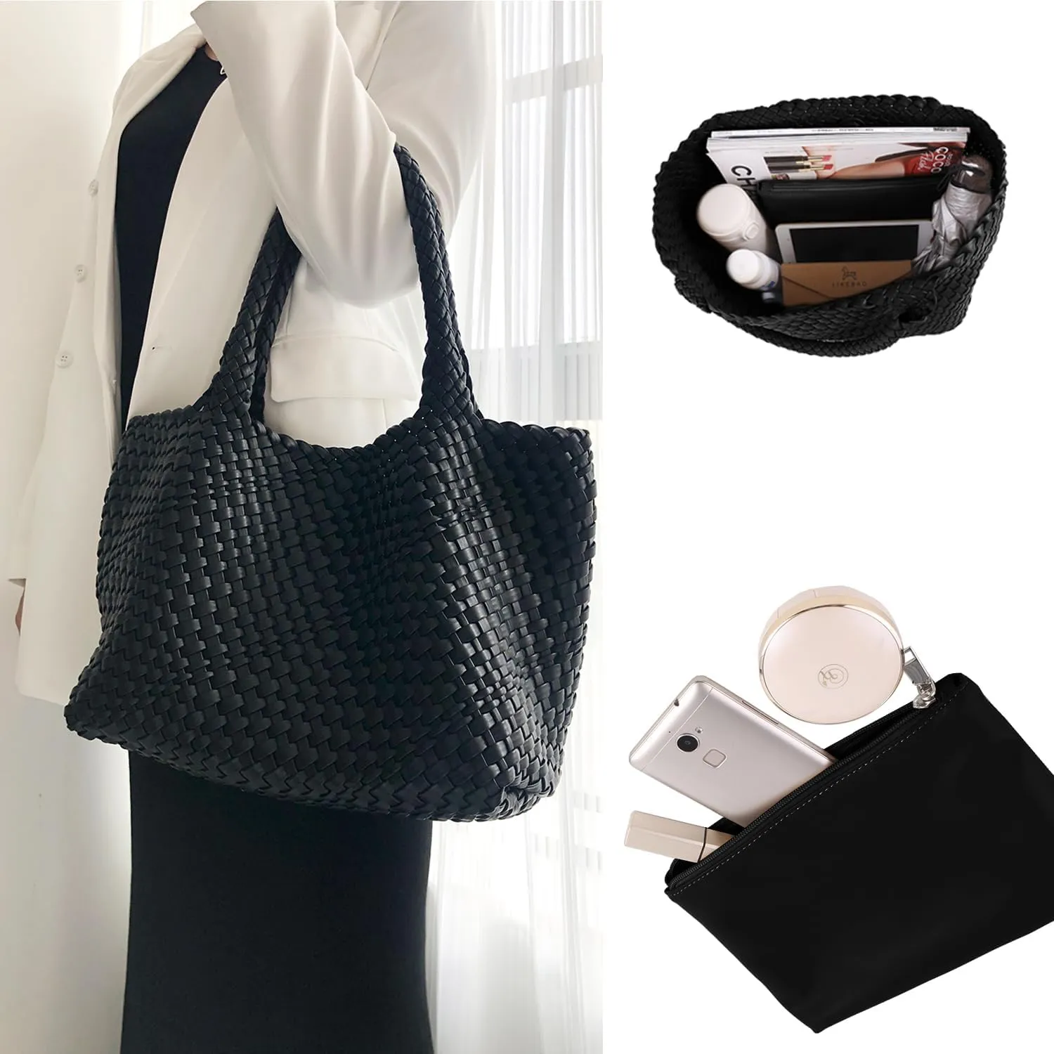 Women's Woven Vegan Leather Tote Bag - Large Summer Beach Travel Handbag - Retro Shoulder Bag