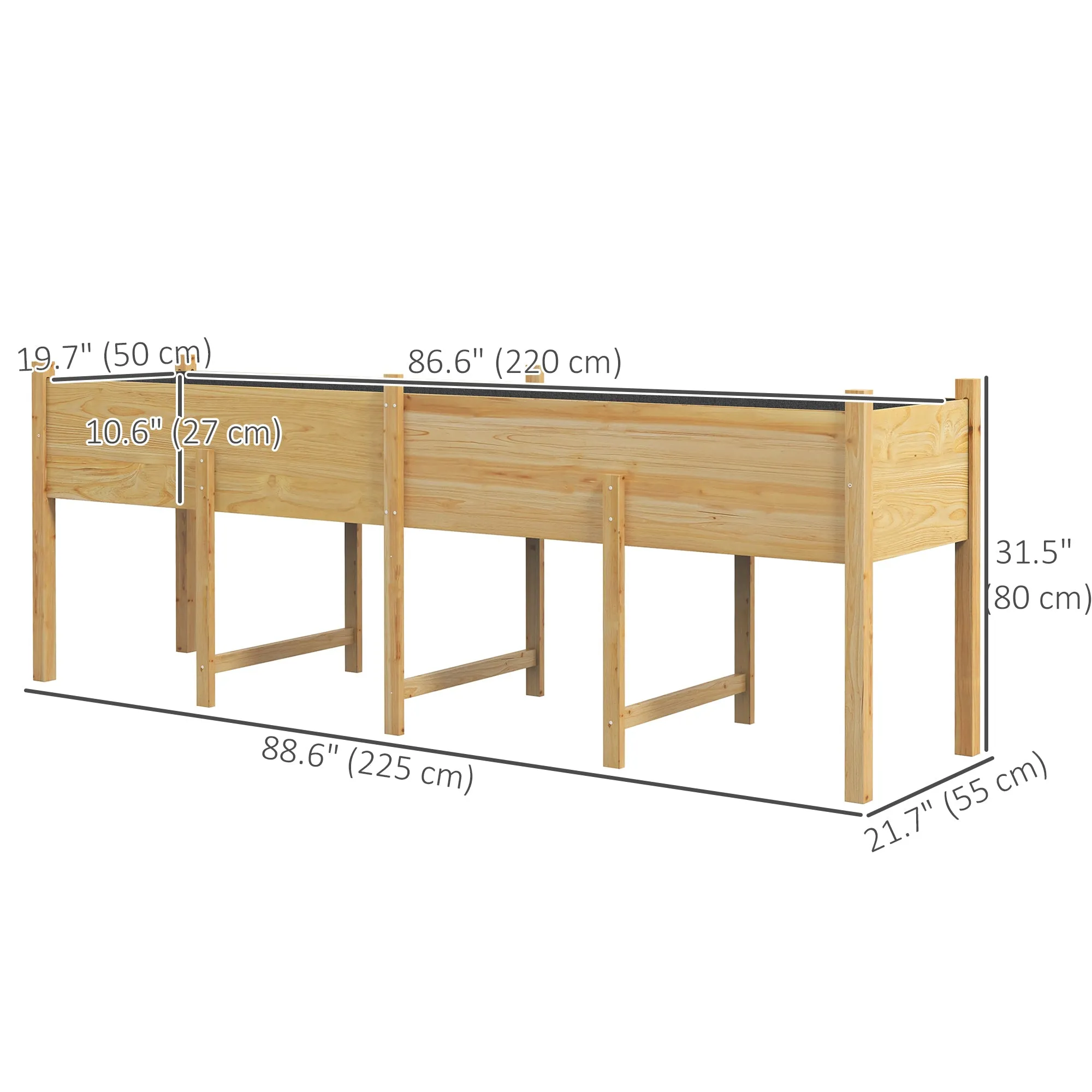 Wooden Raised Garden Bed Planter with Bed Liner and Drain Holes, Large Elevated Planter Box with Legs for Vegetables Flowers Herbs, Outdoor and Indoor, 7.4' x 1.8' x 2.6'