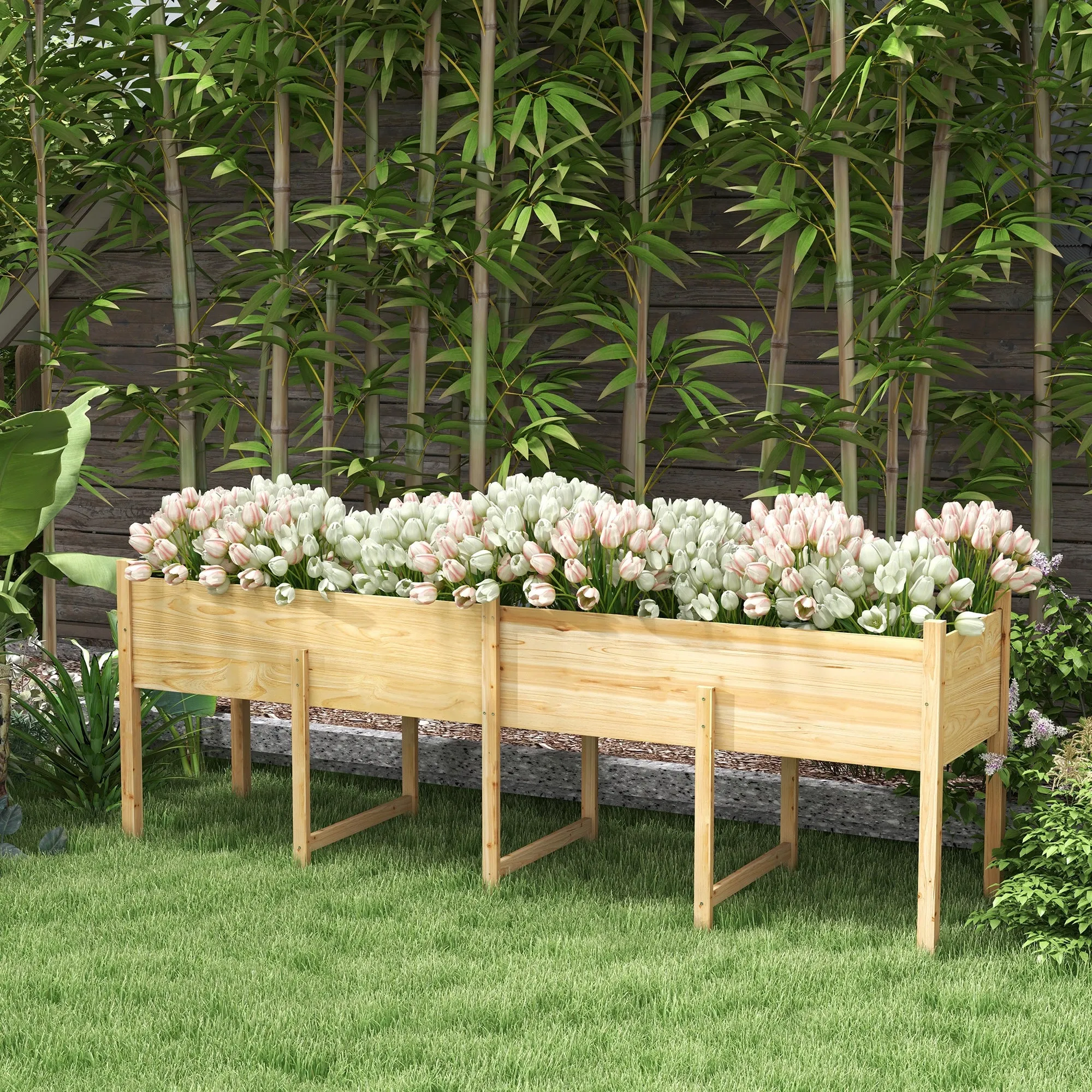 Wooden Raised Garden Bed Planter with Bed Liner and Drain Holes, Large Elevated Planter Box with Legs for Vegetables Flowers Herbs, Outdoor and Indoor, 7.4' x 1.8' x 2.6'
