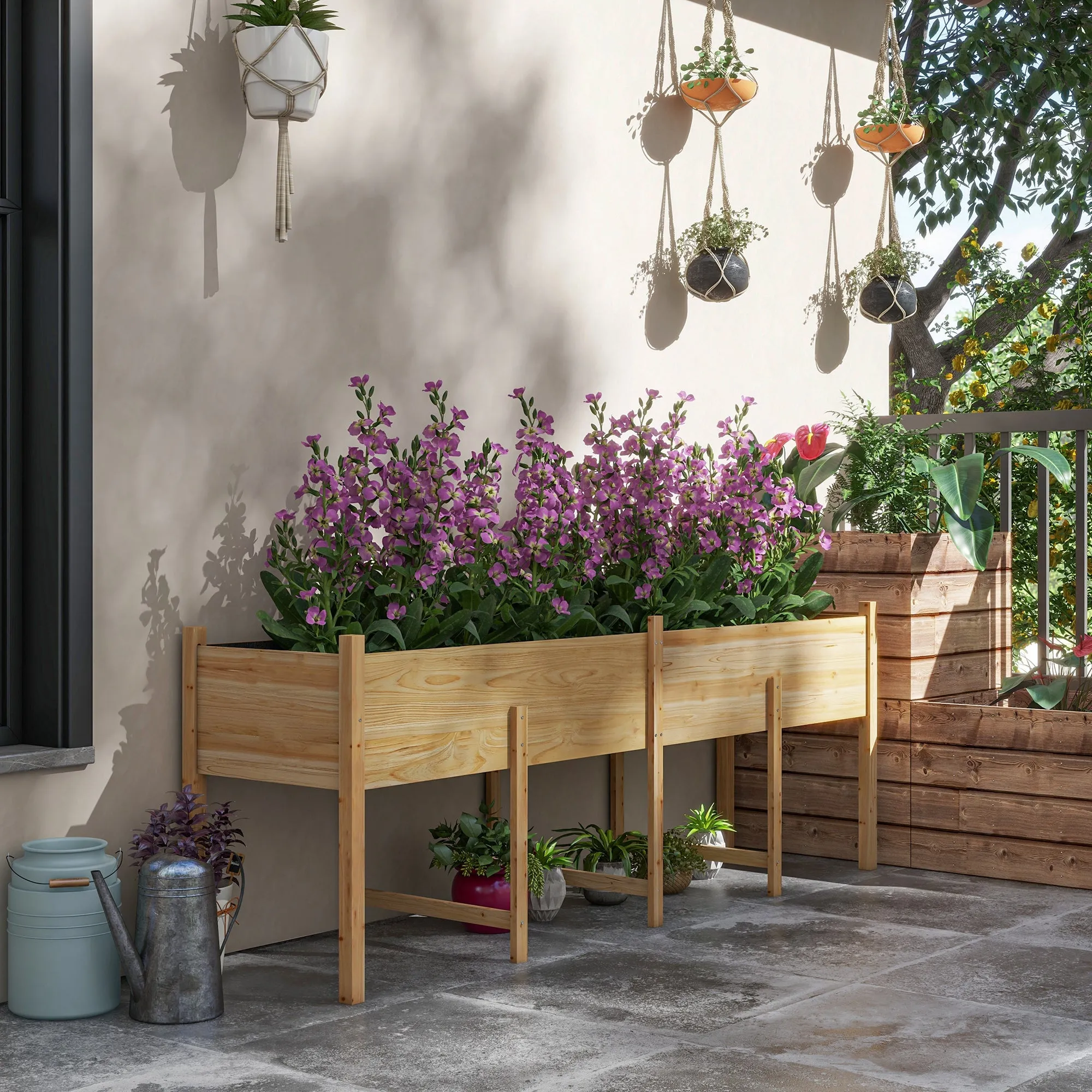 Wooden Raised Garden Bed Planter with Bed Liner and Drain Holes, Large Elevated Planter Box with Legs for Vegetables Flowers Herbs, Outdoor and Indoor, 7.4' x 1.8' x 2.6'