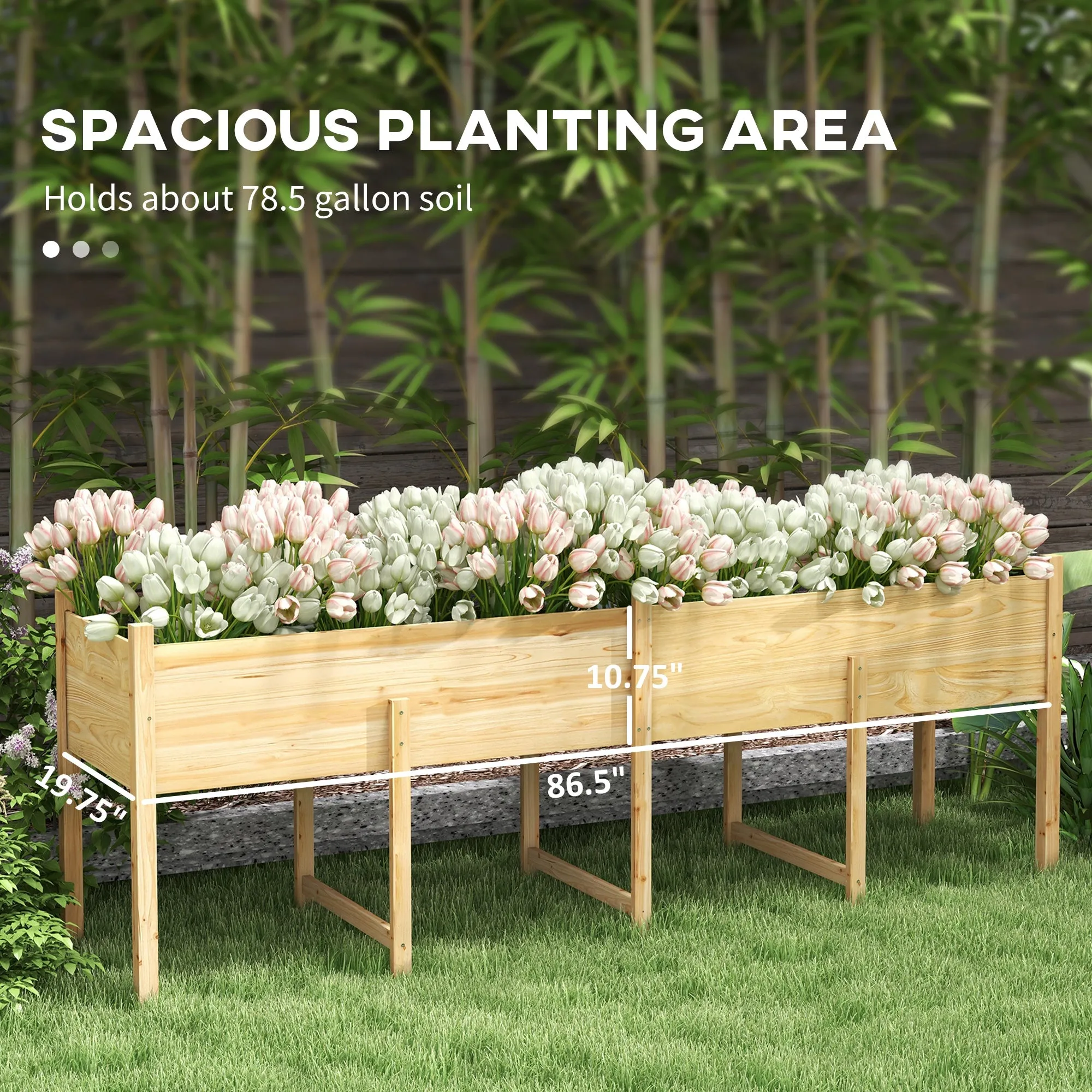 Wooden Raised Garden Bed Planter with Bed Liner and Drain Holes, Large Elevated Planter Box with Legs for Vegetables Flowers Herbs, Outdoor and Indoor, 7.4' x 1.8' x 2.6'