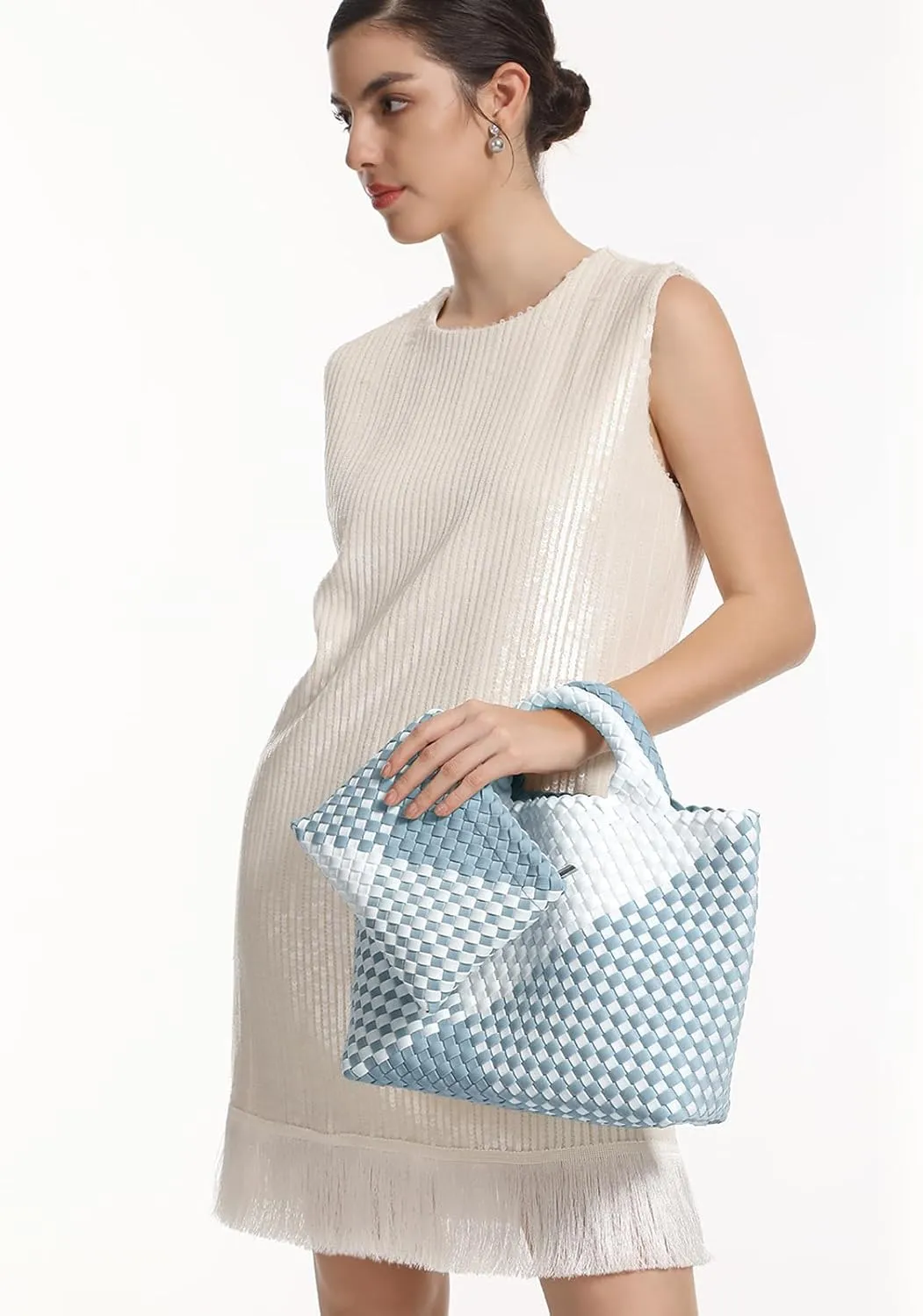 Woven Bag for Women Neoprene Tote Bag Summer Beach Travel Handbag and Purse Lightweight Foldable Retro Handmade Shoulder Bag
