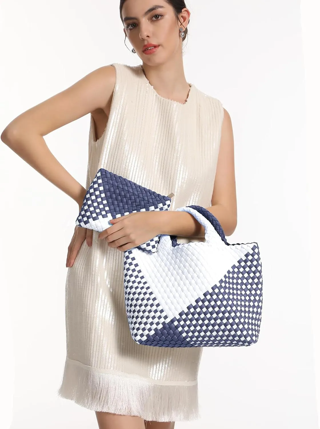 Woven Bag for Women Neoprene Tote Bag Summer Beach Travel Handbag and Purse Lightweight Foldable Retro Handmade Shoulder Bag