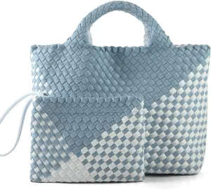 Woven Bag for Women Neoprene Tote Bag Summer Beach Travel Handbag and Purse Lightweight Foldable Retro Handmade Shoulder Bag