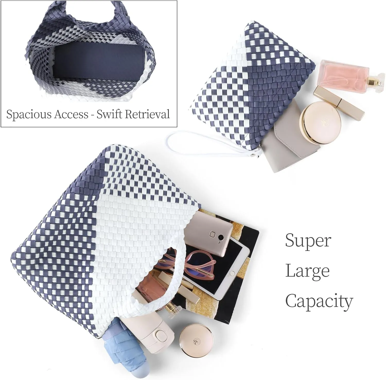 Woven Bag for Women Neoprene Tote Bag Summer Beach Travel Handbag and Purse Lightweight Foldable Retro Handmade Shoulder Bag