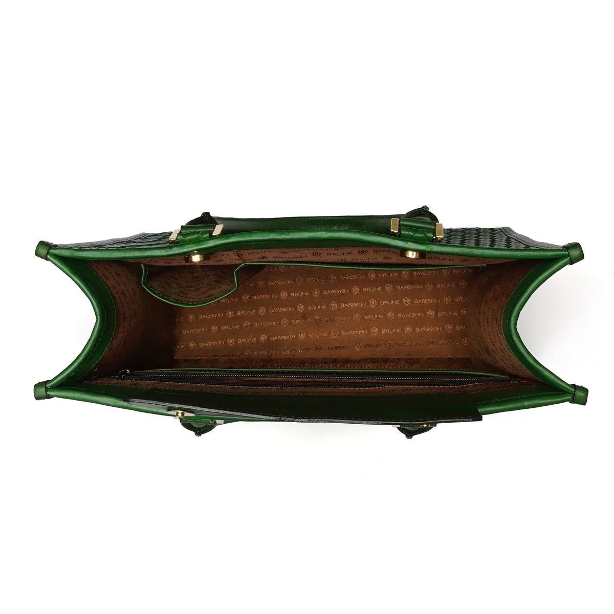 Woven Detailing Green Genuine Leather Handbag