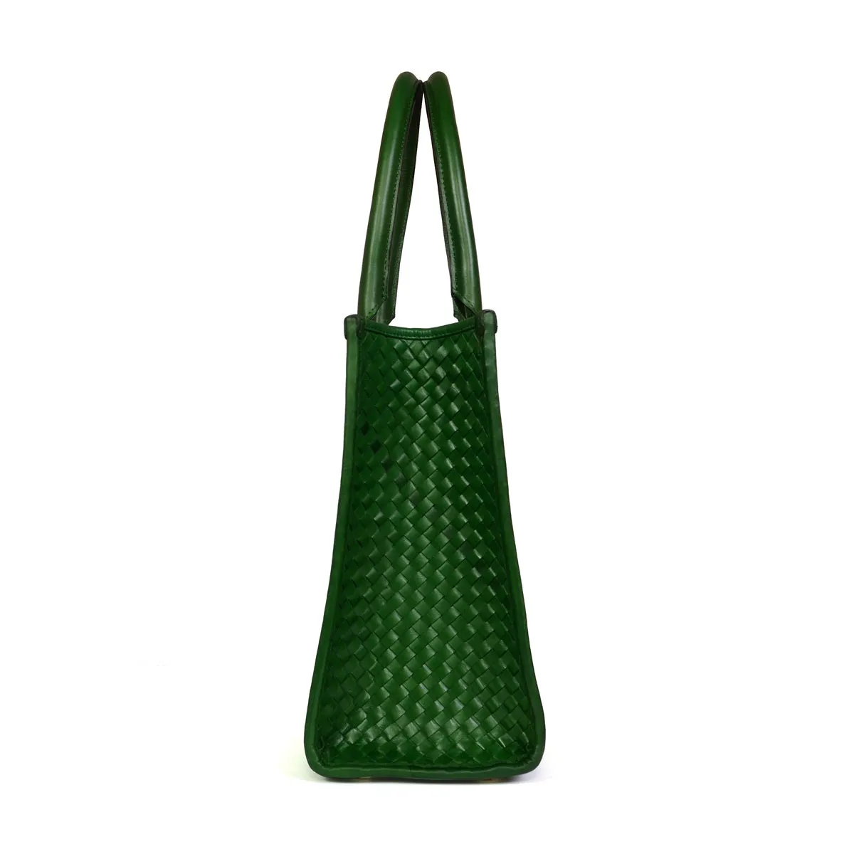 Woven Detailing Green Genuine Leather Handbag