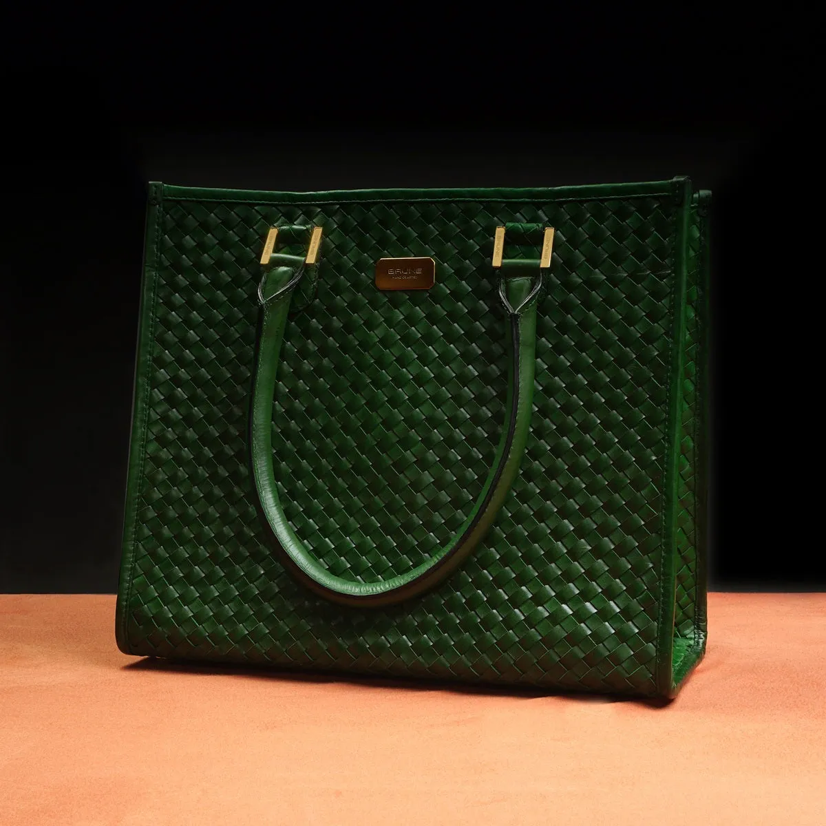 Woven Detailing Green Genuine Leather Handbag