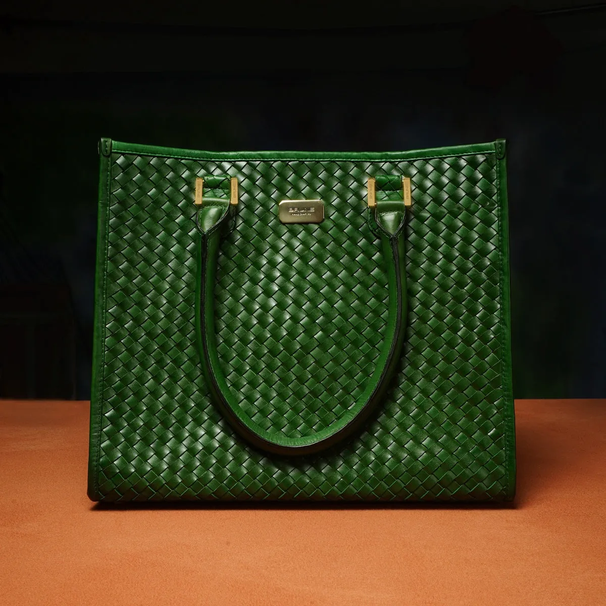Woven Detailing Green Genuine Leather Handbag
