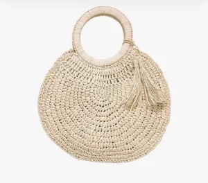 Woven Rattan Straw Circular Wicker Top Round Handle Tote Bag