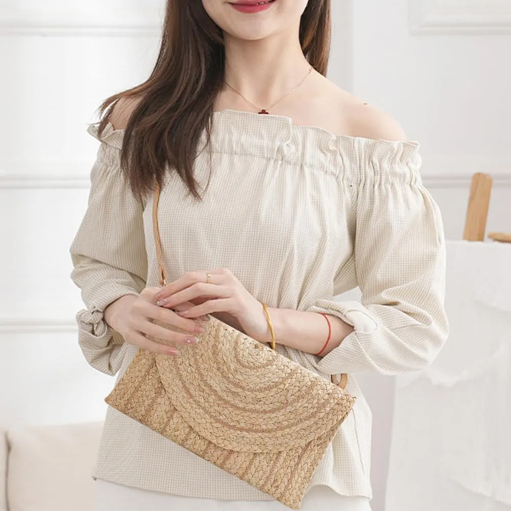 Woven Shoulder Bag with Adjustable Strap Trendy Crossbody Bag Flap Summer Beach Envelope Wallet Straw Bag for Wome