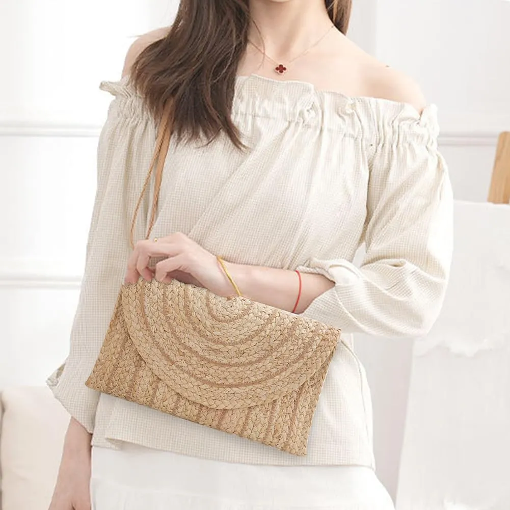 Woven Shoulder Bag with Adjustable Strap Trendy Crossbody Bag Flap Summer Beach Envelope Wallet Straw Bag for Wome