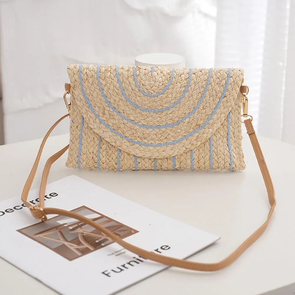 Woven Shoulder Bag with Adjustable Strap Trendy Crossbody Bag Flap Summer Beach Envelope Wallet Straw Bag for Wome