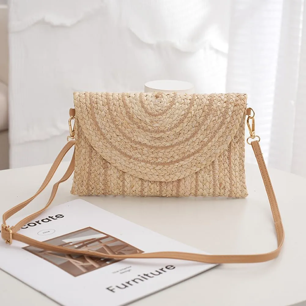 Woven Shoulder Bag with Adjustable Strap Trendy Crossbody Bag Flap Summer Beach Envelope Wallet Straw Bag for Wome