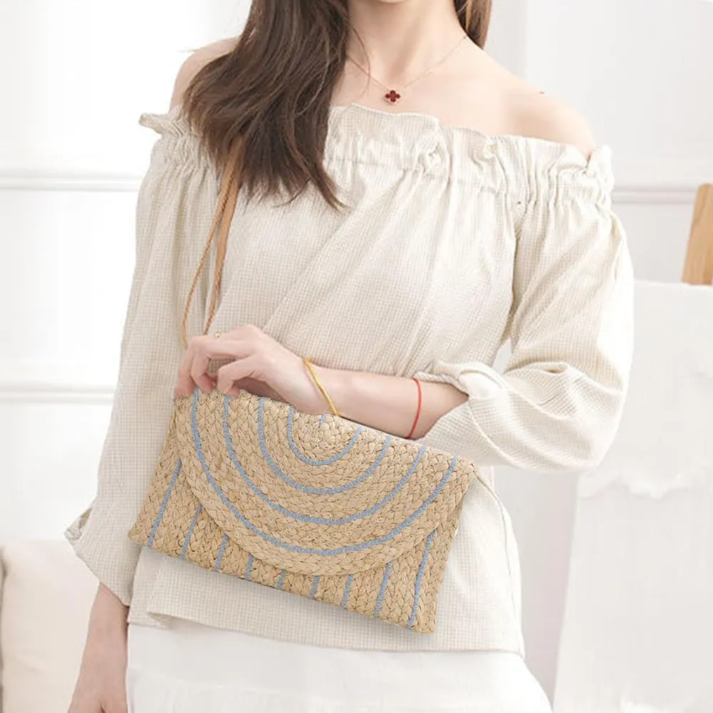 Woven Shoulder Bag with Adjustable Strap Trendy Crossbody Bag Flap Summer Beach Envelope Wallet Straw Bag for Wome