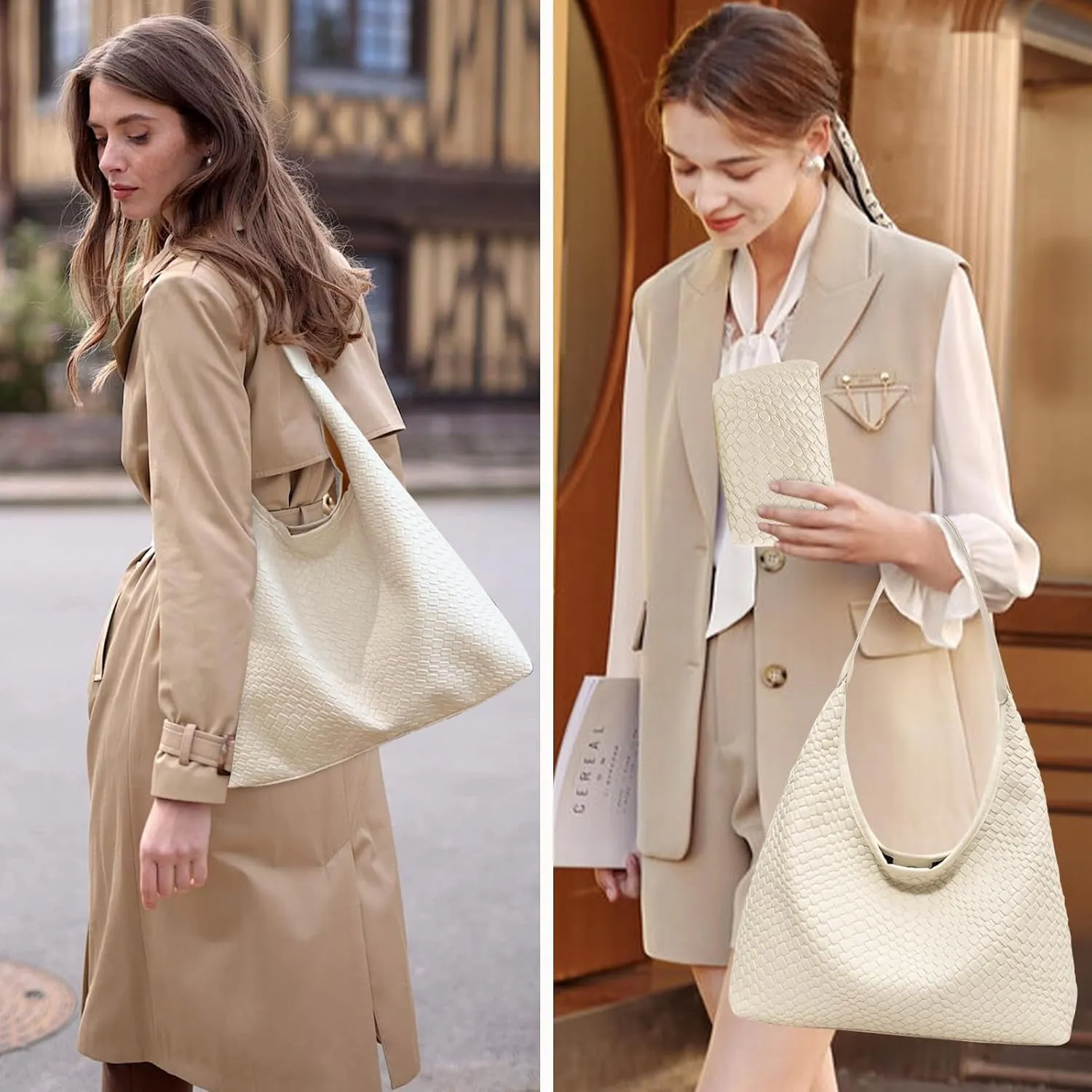 Woven Shoulder Bags for Women 2 PCS Small Leather Hobo Handbag Trendy Underarm Purse Fall Slouchy Tote Bag 2025