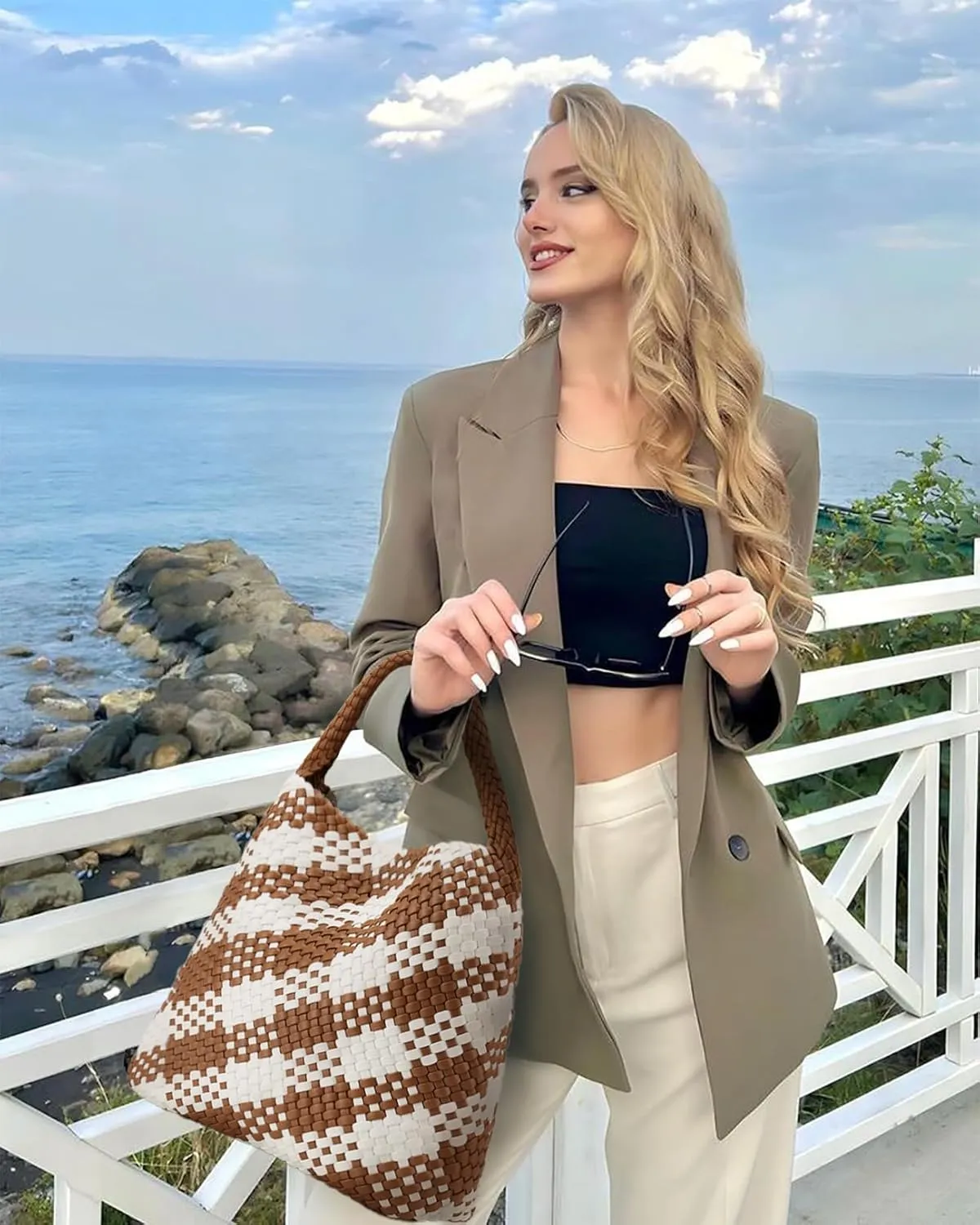 Woven Tote Bag for Women, Fashion Woven Bags for Women Vegan Leather Shoulder Handbags Large Summer Beach Travel Bag