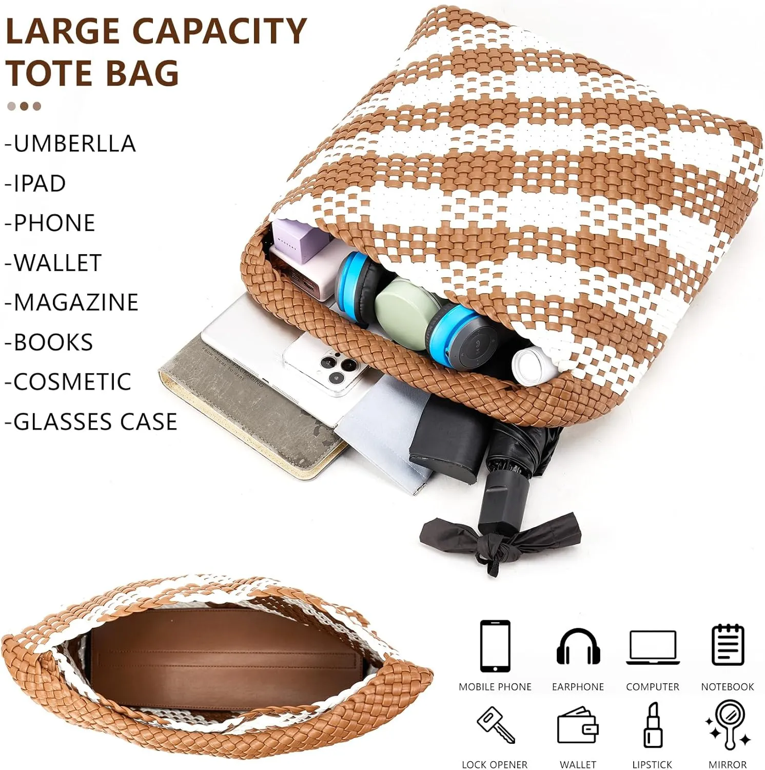 Woven Tote Bag for Women, Fashion Woven Bags for Women Vegan Leather Shoulder Handbags Large Summer Beach Travel Bag