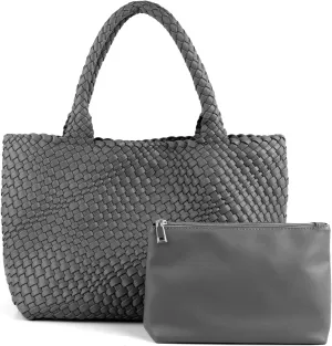 Woven Tote Bag for Women Vegan Leather Large Capacity Travel Handbag and Purse Foldable Retro Handmade Shoulder Bag