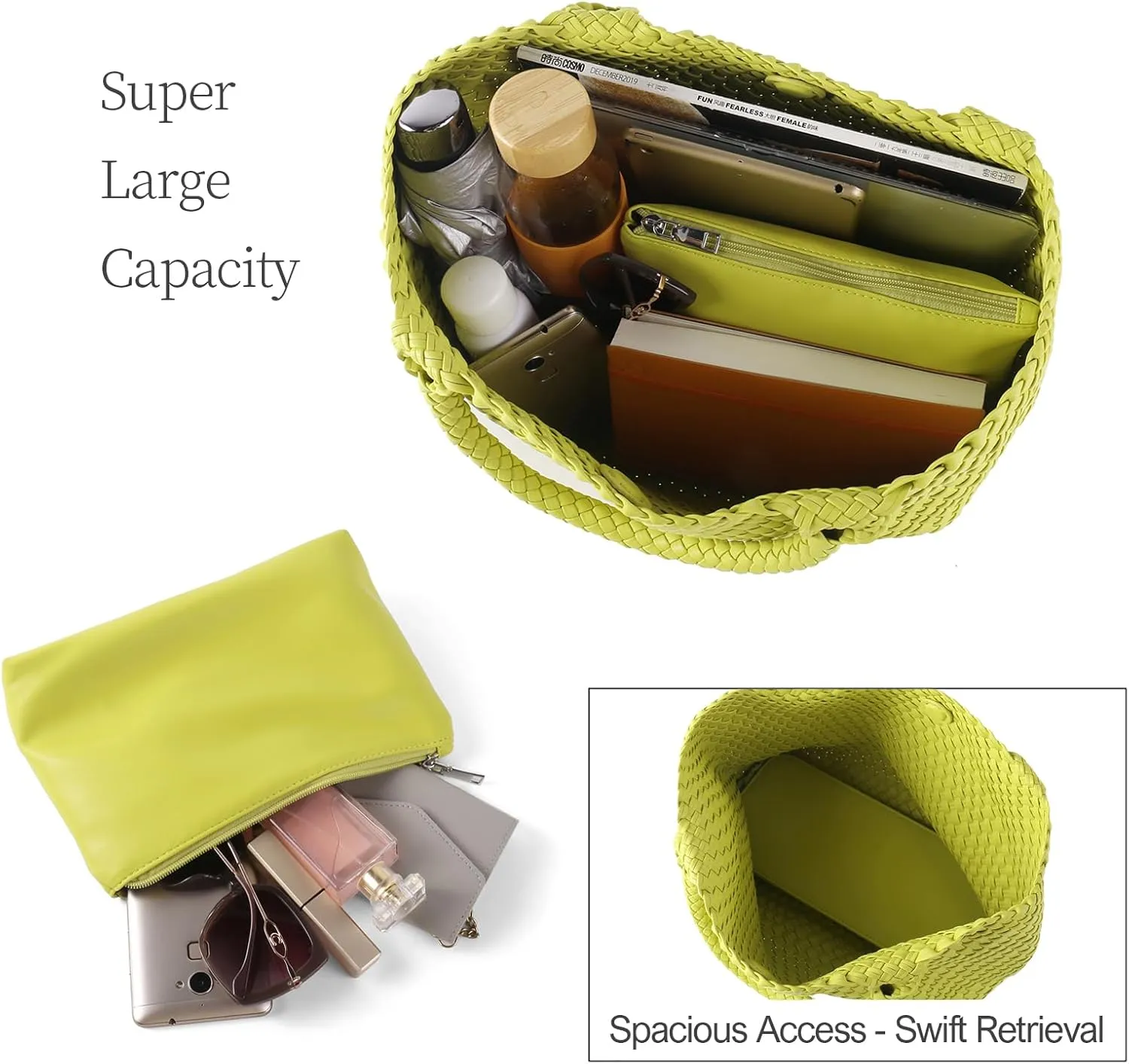 Woven Tote Bag for Women Vegan Leather Large Capacity Travel Handbag and Purse Foldable Retro Handmade Shoulder Bag