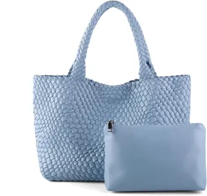 Woven Tote Bag for Women Vegan Leather Large Capacity Travel Handbag and Purse Foldable Retro Handmade Shoulder Bag