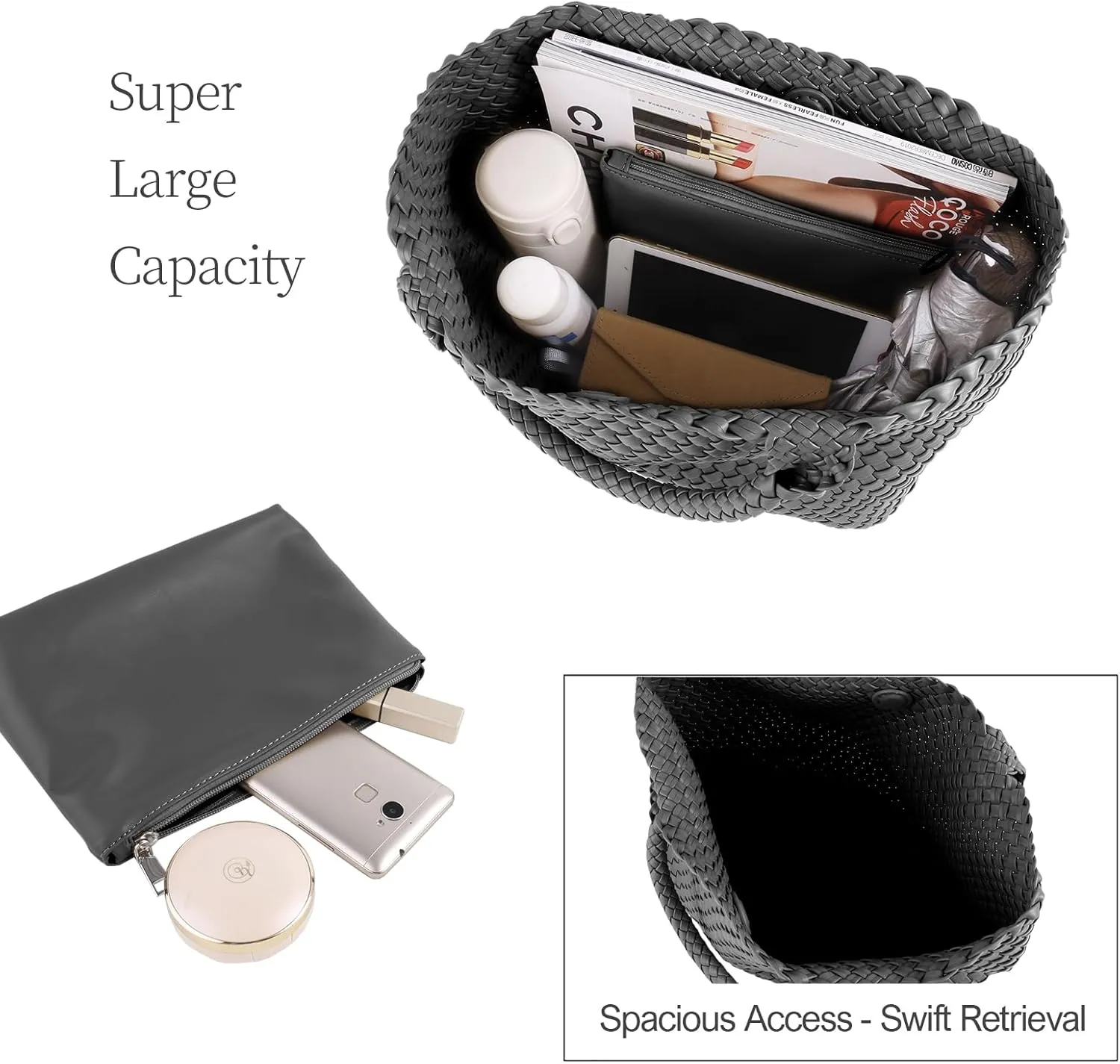 Woven Tote Bag for Women Vegan Leather Large Capacity Travel Handbag and Purse Foldable Retro Handmade Shoulder Bag