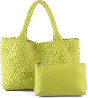 Woven Tote Bag for Women Vegan Leather Large Capacity Travel Handbag and Purse Foldable Retro Handmade Shoulder Bag