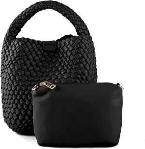 Woven Tote Bag for Women Vegan Leather Medium Size Summer Beach Travel Handbag and Purse Retro Handmade Shoulder Bag