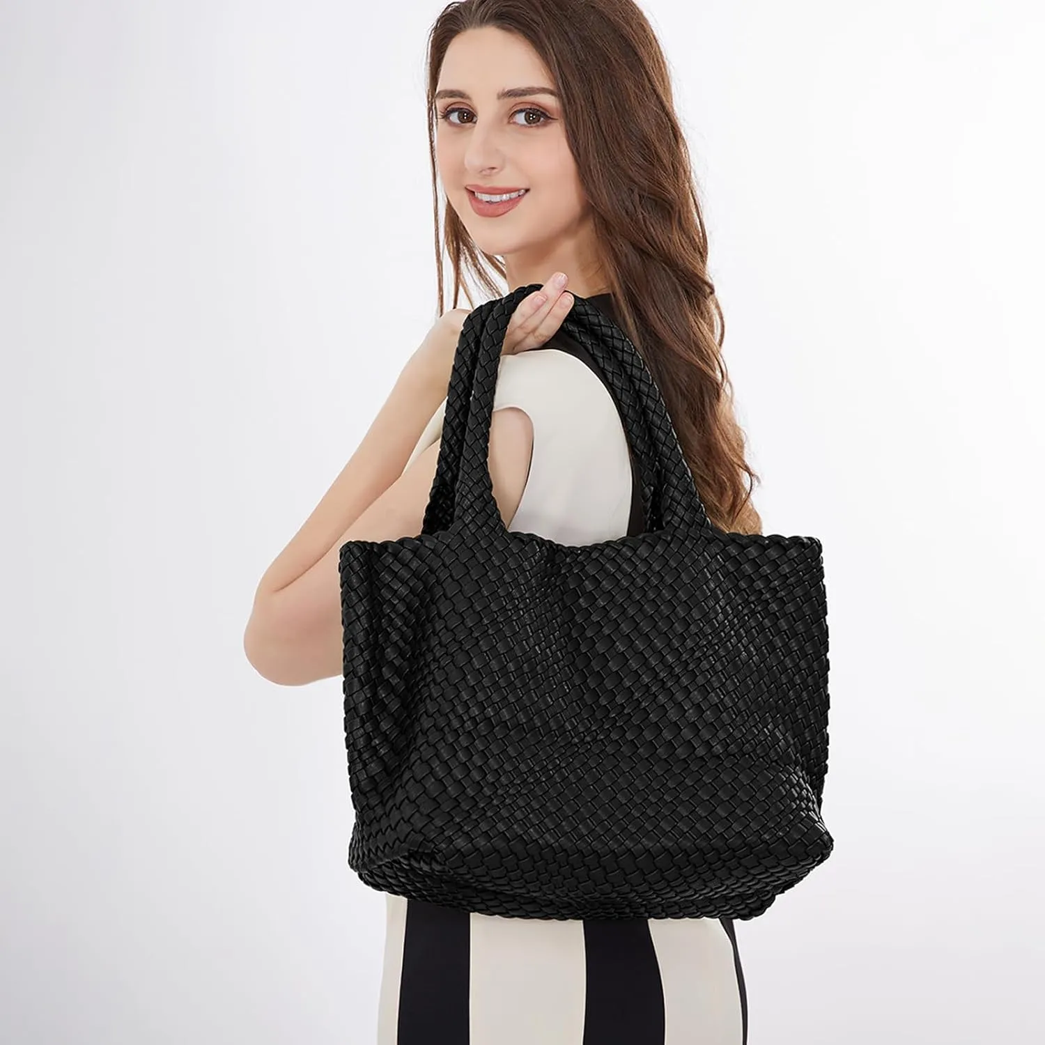 Woven Tote Bag Womens Purse Vegan Leather Shoulder Handbags Fashion Summer Beach Tote Bags Large Travel Totes